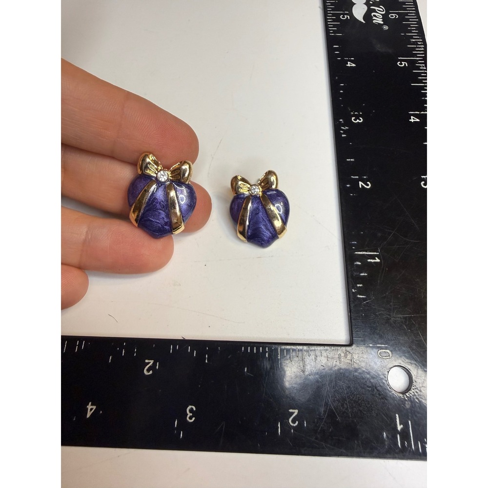 Purple Enamel Heart Bow Stud Earrings Gold Tone Rhinestone Gift Box Design